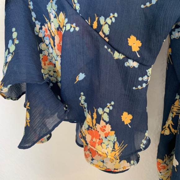 Chaps Peasant Blouse 2X Blue Floral Sheer Bell Sleeve Cottage Core Boho - Picture 7 of 11